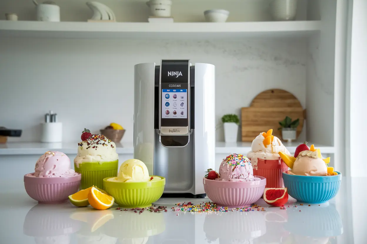 Ninja Creami machine with colorful bowls of ice cream, gelato, and sorbet on a modern kitchen countertop