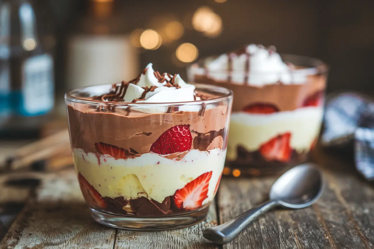 Layered dessert with chocolate, vanilla, and strawberry created with the Ninja Creami.